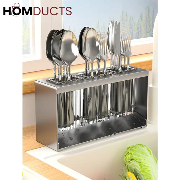 Stainless Steel Utensil Holder for Kitchen Countertop – Modern Cutlery Drying Rack with Drainage for Spoons Forks and