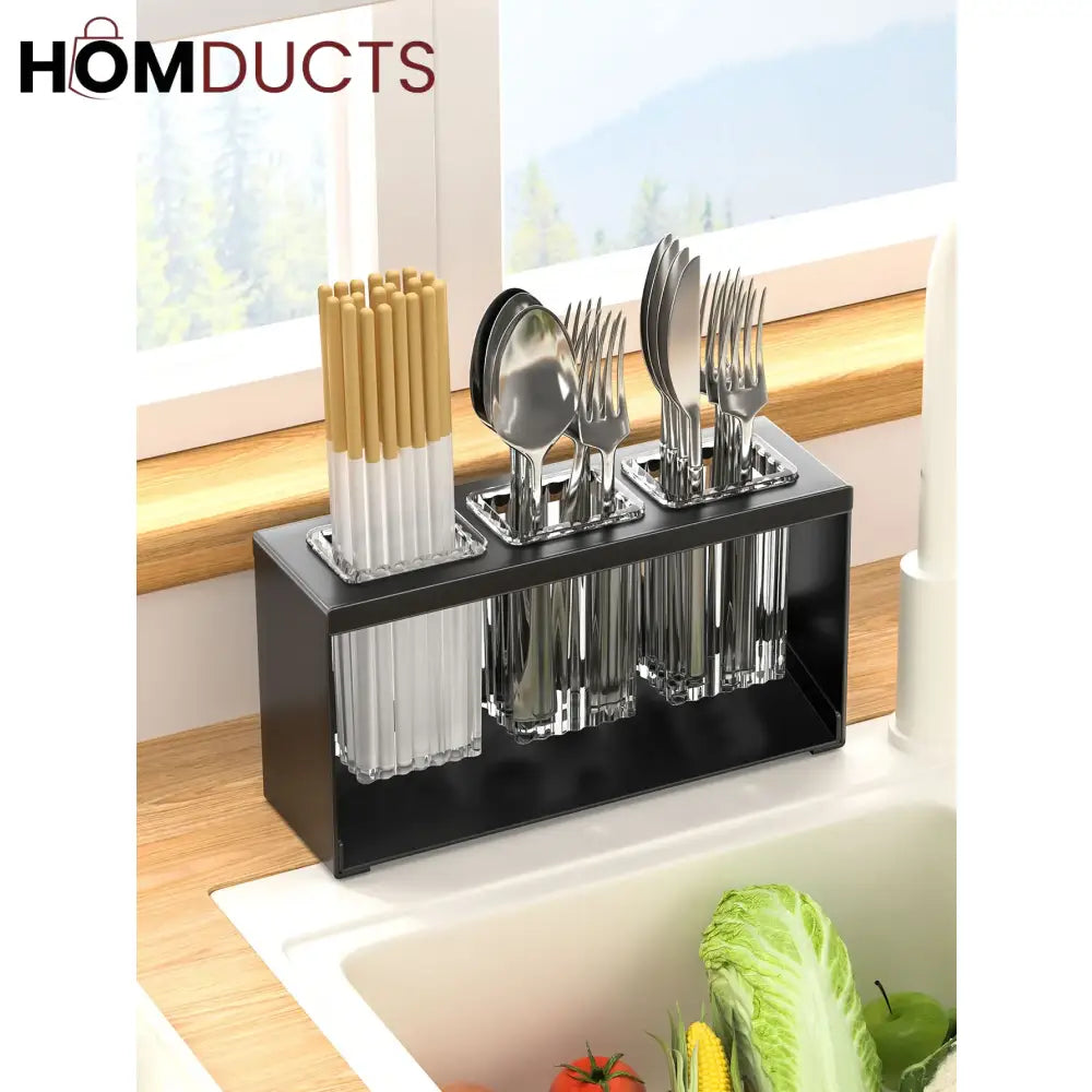 Stainless Steel Utensil Holder for Kitchen Countertop – Modern Cutlery Drying Rack with Drainage for Spoons Forks and
