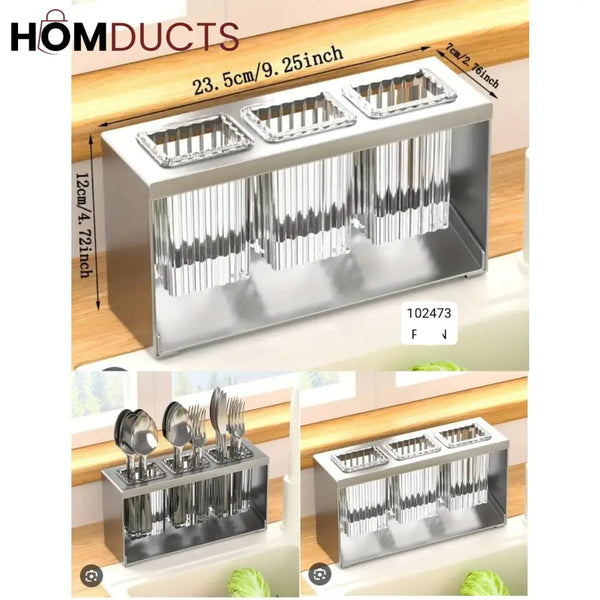 Stainless Steel Utensil Holder for Kitchen Countertop – Modern Cutlery Drying Rack with Drainage for Spoons Forks and