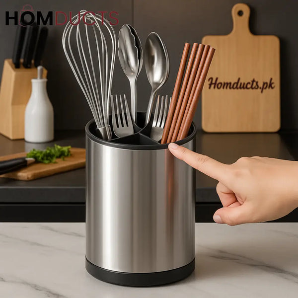 Stainless Steel Utensil Holder – Multi-Section Cutlery & Tool Organizer for Kitchen Counter