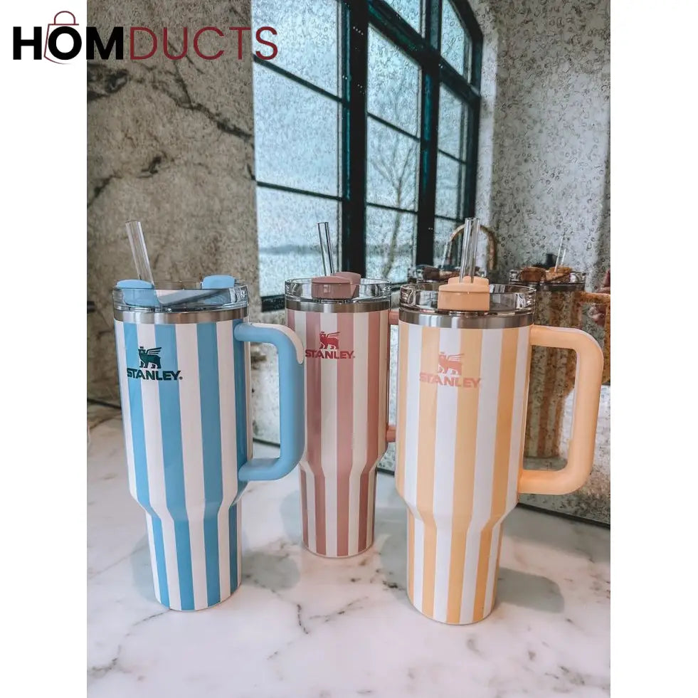 Stanley Quencher Tumbler with Handle – 40oz Striped Travel Mug with Straw & Lid for Iced Coffee Water & More