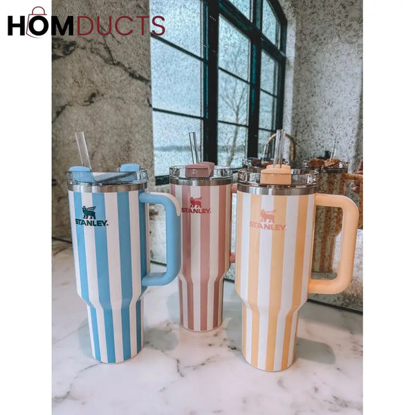 Stanley Quencher Tumbler with Handle – 40oz Striped Travel Mug with Straw & Lid for Iced Coffee Water & More