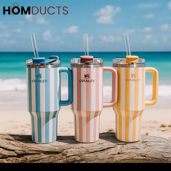 Stanley Quencher Tumbler with Handle – 40oz Striped Travel Mug with Straw & Lid for Iced Coffee Water & More