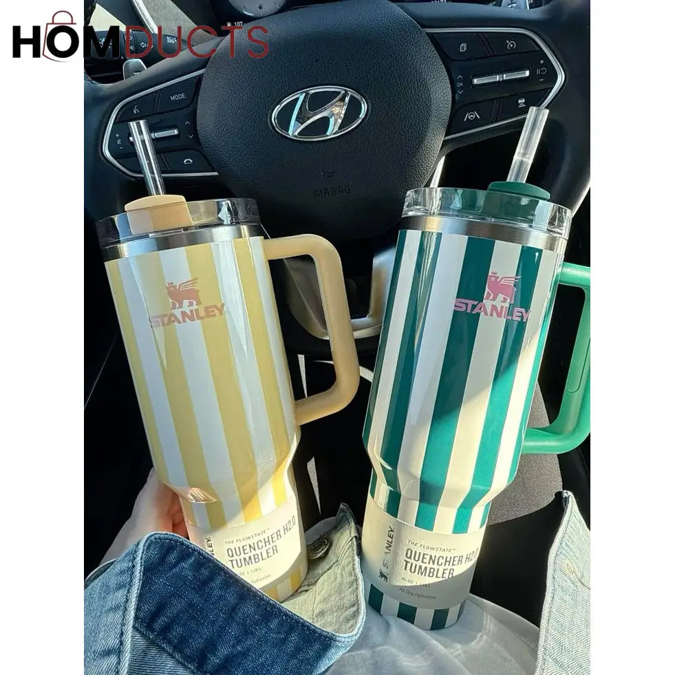 Stanley Quencher Tumbler with Handle – 40oz Striped Travel Mug with Straw & Lid for Iced Coffee Water & More