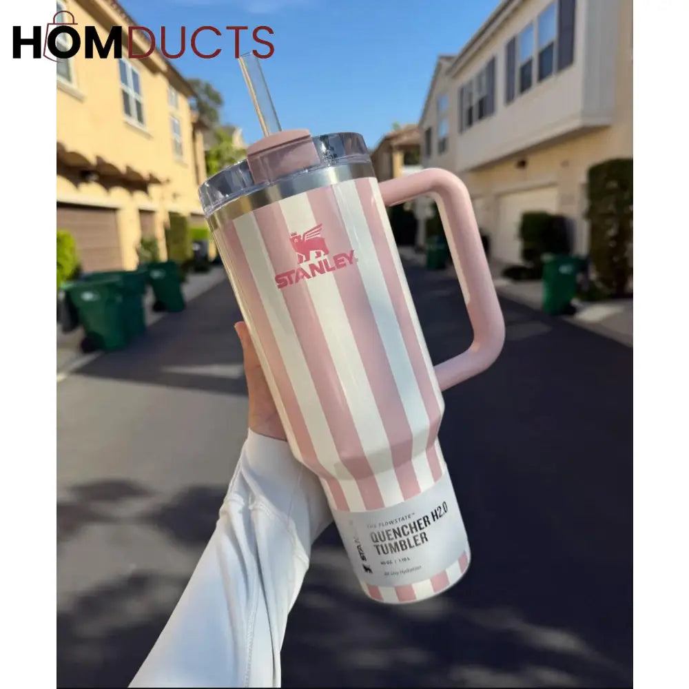 Stanley Quencher Tumbler with Handle – 40oz Striped Travel Mug with Straw & Lid for Iced Coffee Water & More