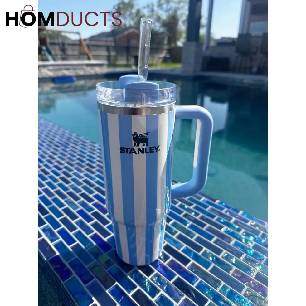 Stanley Quencher Tumbler with Handle – 40oz Striped Travel Mug with Straw & Lid for Iced Coffee Water & More Blue