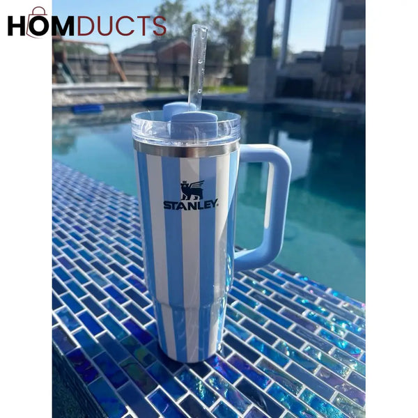 Stanley Quencher Tumbler with Handle – 40oz Striped Travel Mug with Straw & Lid for Iced Coffee Water & More Blue
