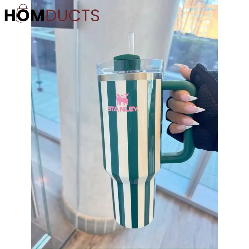 Stanley Quencher Tumbler with Handle – 40oz Striped Travel Mug with Straw & Lid for Iced Coffee Water & More Green