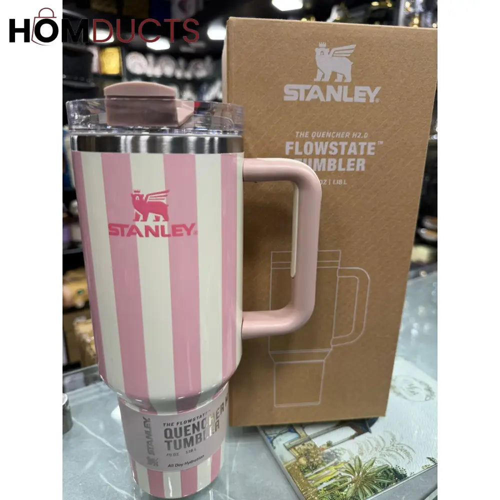 Stanley Quencher Tumbler with Handle – 40oz Striped Travel Mug with Straw & Lid for Iced Coffee Water & More Pink
