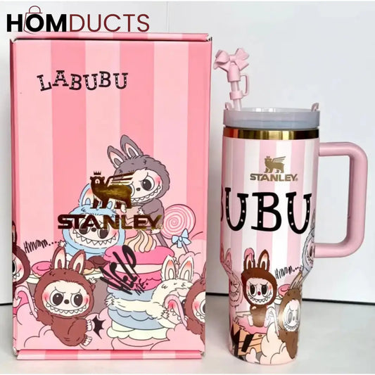 Stanley x Labubu Limited Edition Tumbler – Pink Cartoon Character Design with Straw