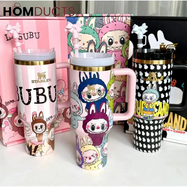 Stanley x Labubu Limited Edition Tumbler – Pink Cartoon Character Design with Straw