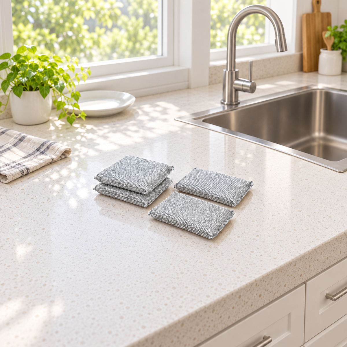 Four silver steel wire dish-washing sponges beside a kitchen sink