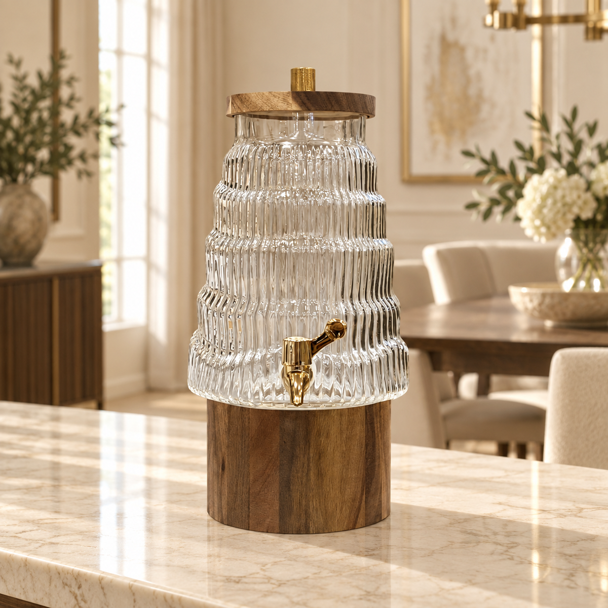 Stepped ribbed glass beverage dispenser with dark wooden stand