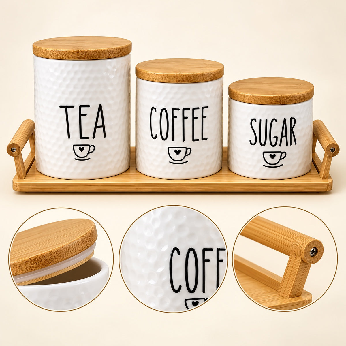 Stepped tea coffee sugar ceramic jar set feature infographic