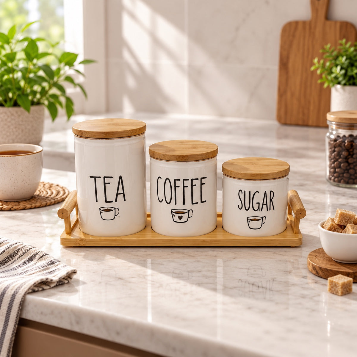 Stepped white tea coffee sugar ceramic jars on bamboo tray