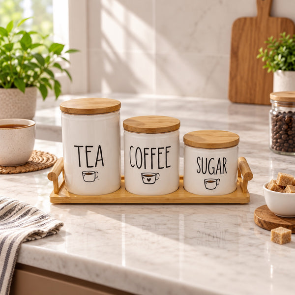 Stepped white tea coffee sugar ceramic jars on bamboo tray