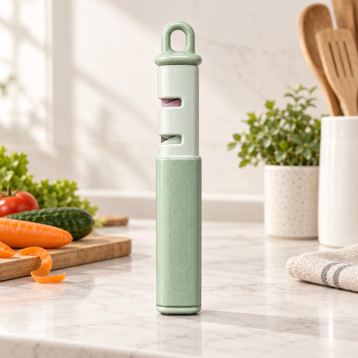 Pastel green 3-in-1 combined peeler and knife sharpener