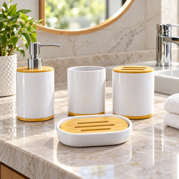 4-Piece Modern Bathroom Accessory Set with Bamboo Accents