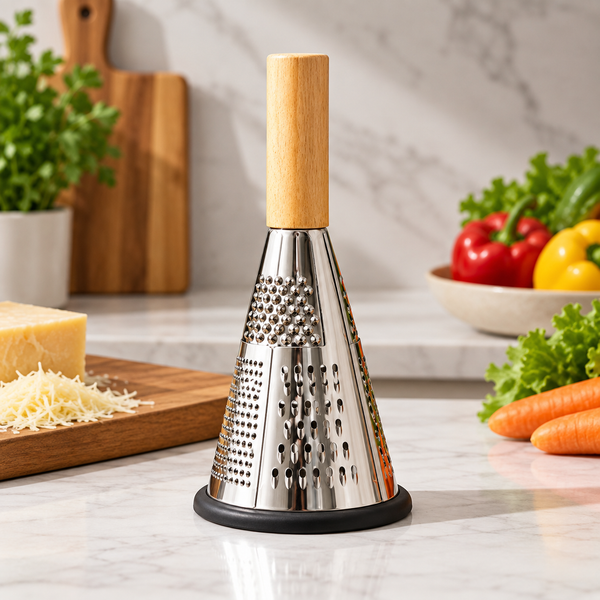 Three-sided cone grater with straight wooden handle