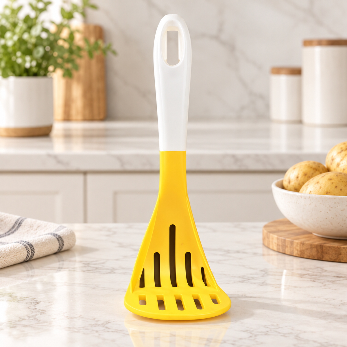 Large yellow plastic multipurpose potato masher