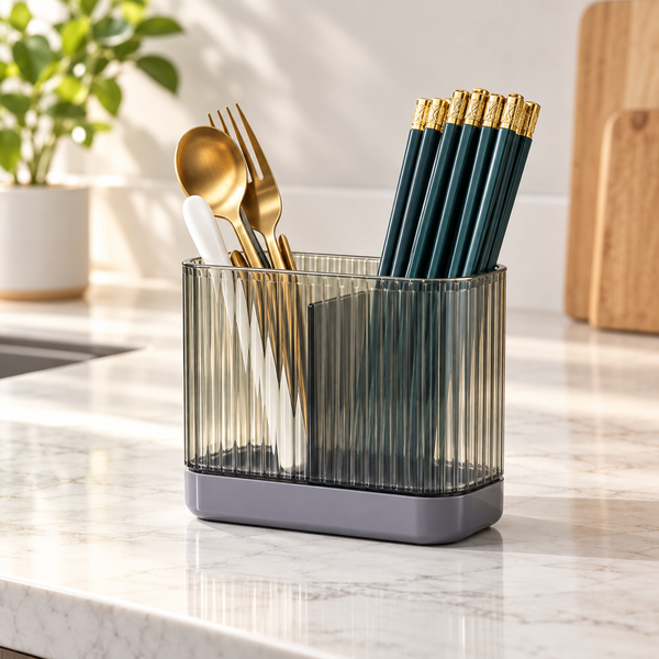 Ribbed transparent cutlery and chopstick holder