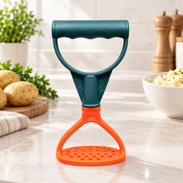 Small teal and orange manual potato masher