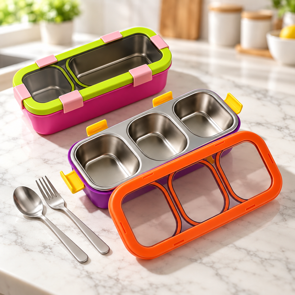 SUS 304 stainless steel three-compartment lunch box with spoon and fork