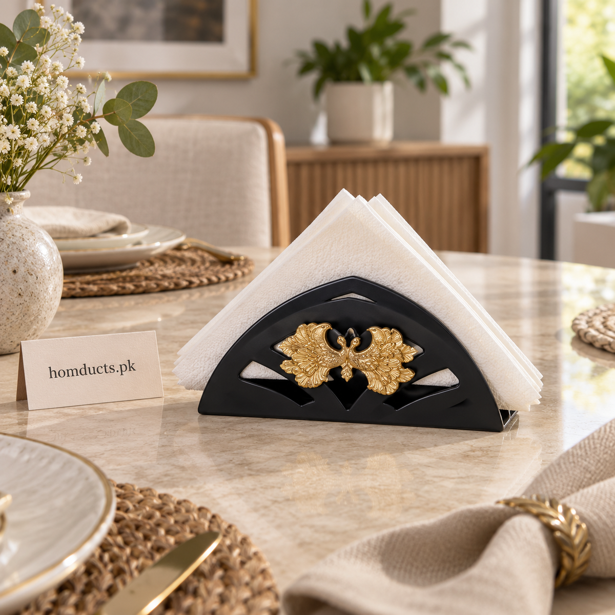 Black iron napkin holder with gold ornament