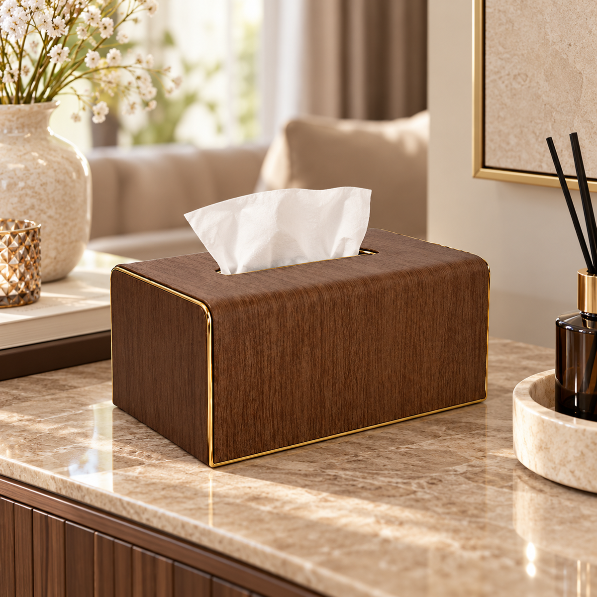 Vertical Panel Decorative Tissue Box Cover in a premium home setting