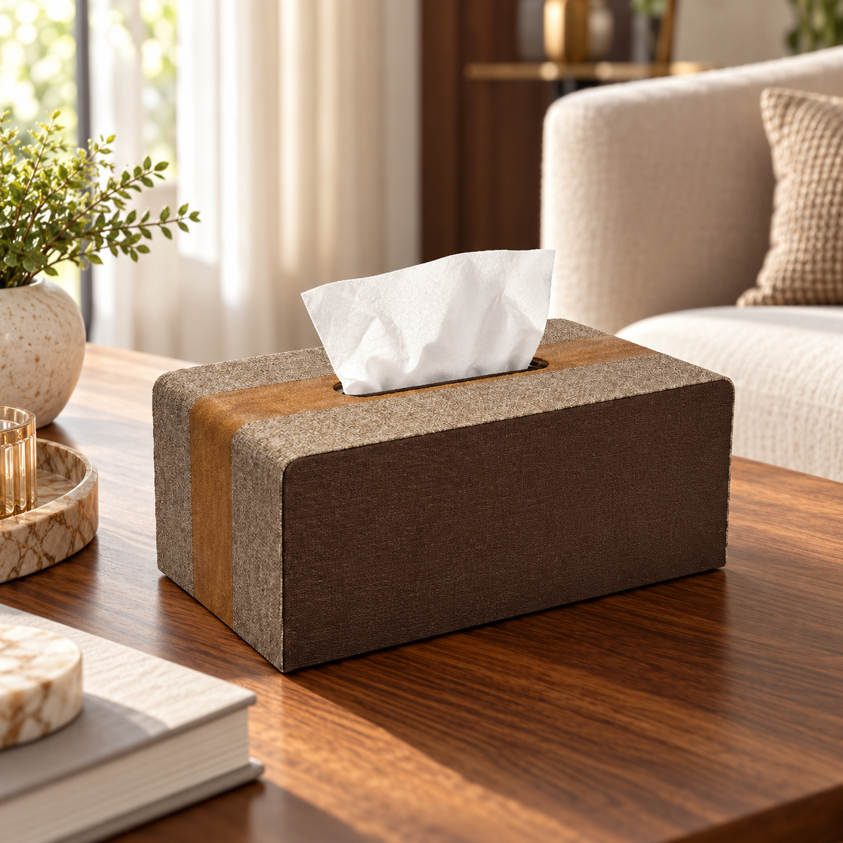 Minimalist Low-Profile Tissue Box Cover styled in a premium home interior