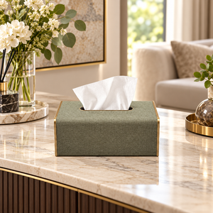 Metallic-Trim Classic Tissue Box Cover styled in a premium home interior