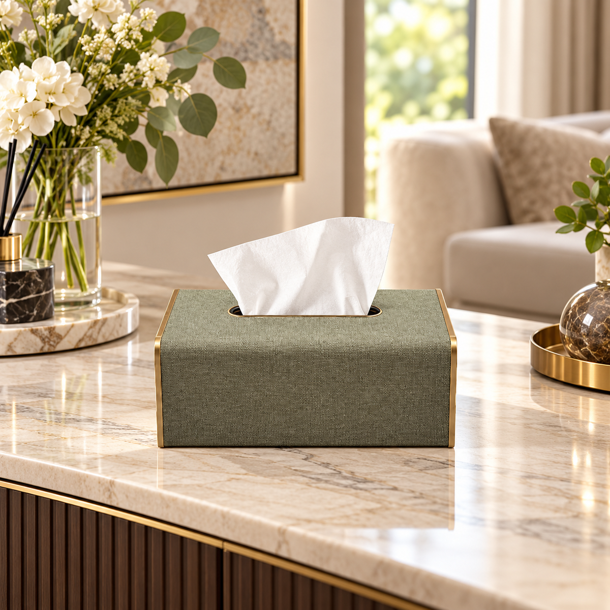 Metallic-Trim Classic Tissue Box Cover styled in a premium home interior