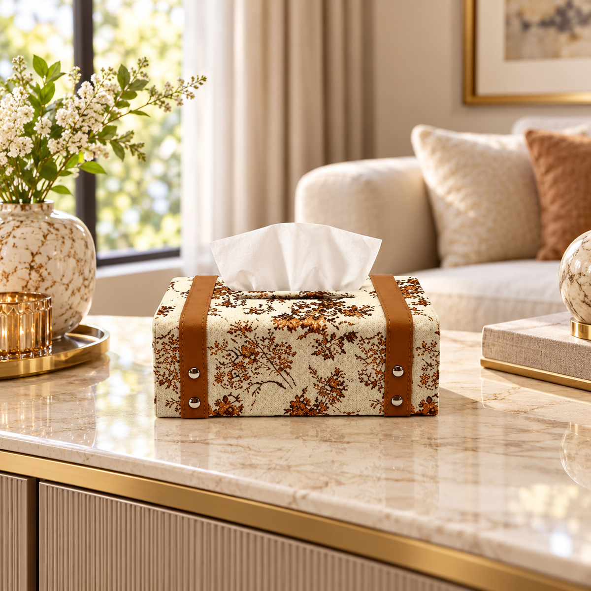 Floral Print Slim Tissue Box Cover styled in a premium home interior