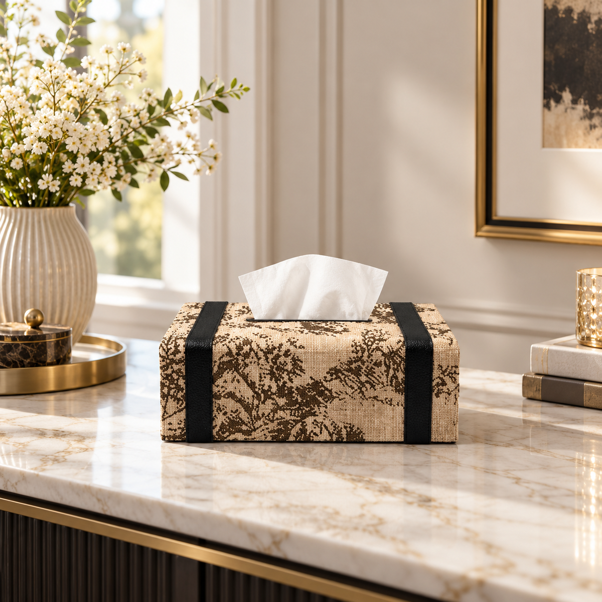 Contrast-Band Floral Tissue Box Cover in an elegant interior