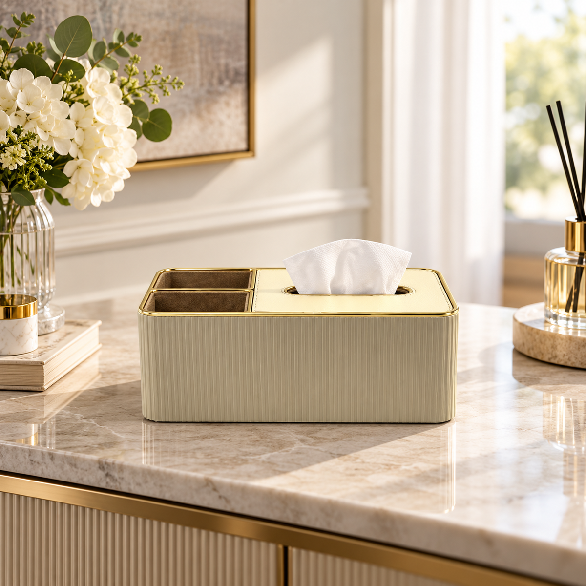 Dual-Compartment Tissue Box Organizer in an elegant interior