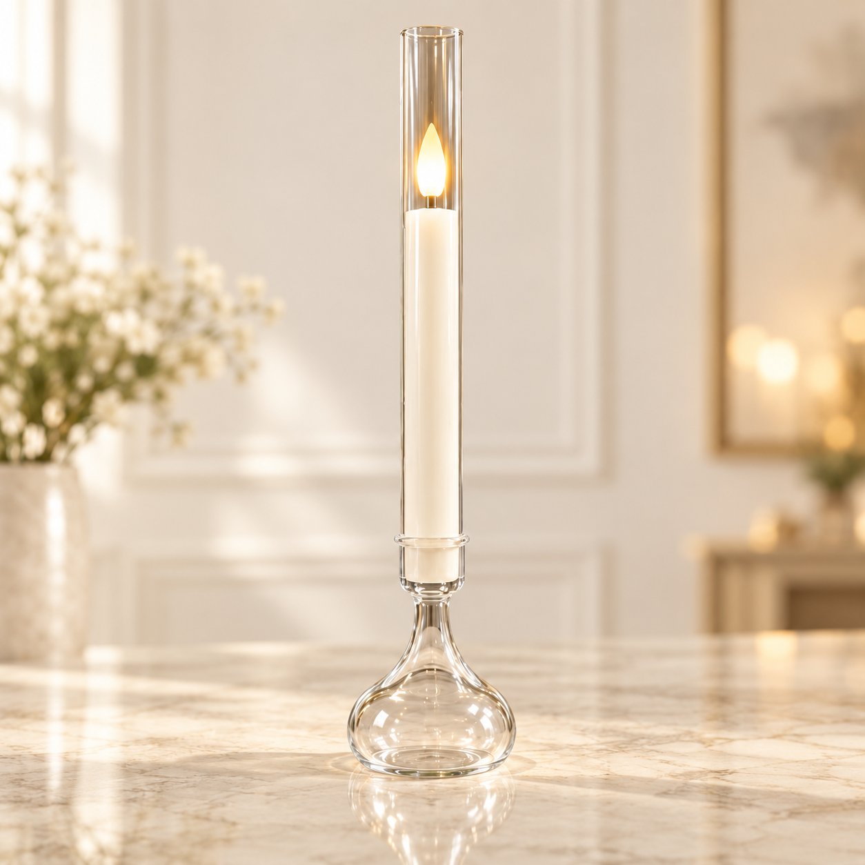 Tall ivory LED taper candle in a clear glass tube holder