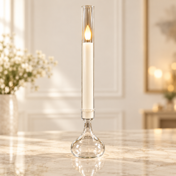 Tall ivory LED taper candle in a clear glass tube holder