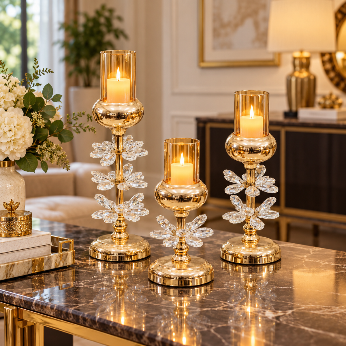 Tall gold crystal leaf candle holder set