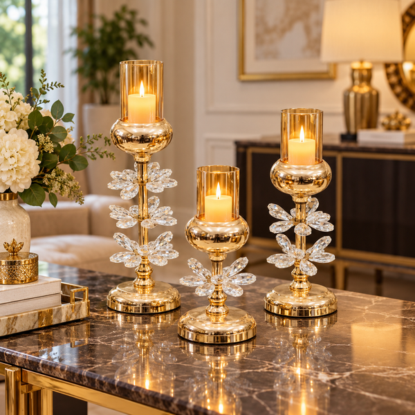 Tall gold crystal leaf candle holder set