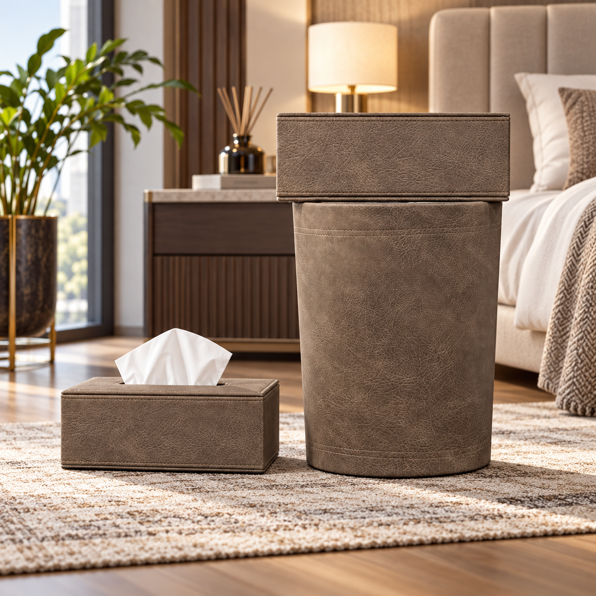 Premium Taupe Suede-Look Tissue Box & Dustbin Set lifestyle image