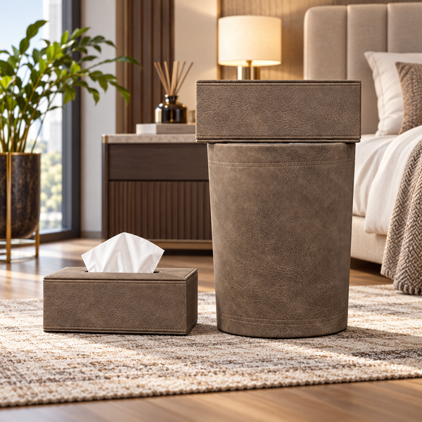 Premium Taupe Suede-Look Tissue Box & Dustbin Set lifestyle image