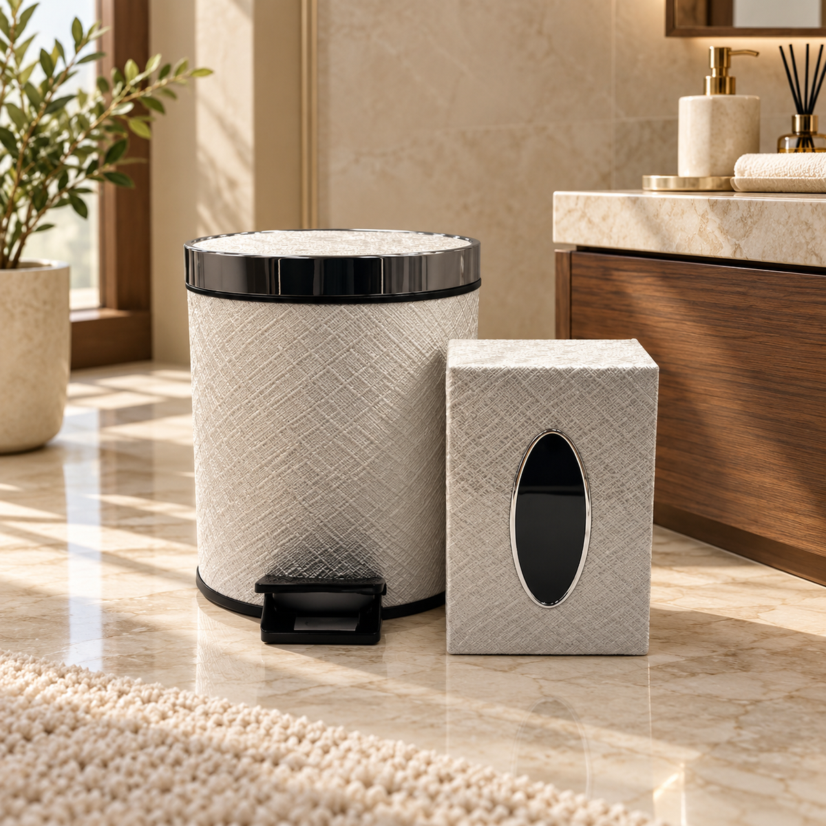 Diamond-Pattern Pedal Dustbin & Tissue Box Set in a premium home setting