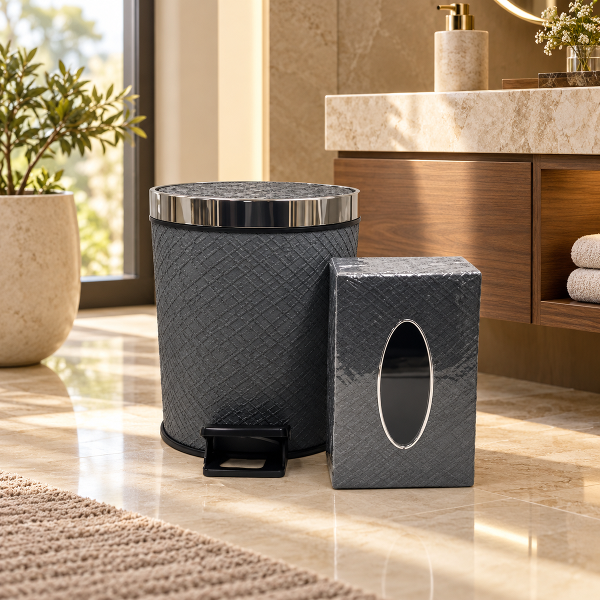Crosshatch Pedal Dustbin & Tissue Box Set in a premium home setting