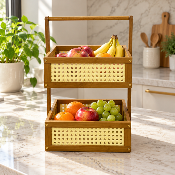 2-Tier Bamboo Fruit Basket & Countertop Organizer with Handle