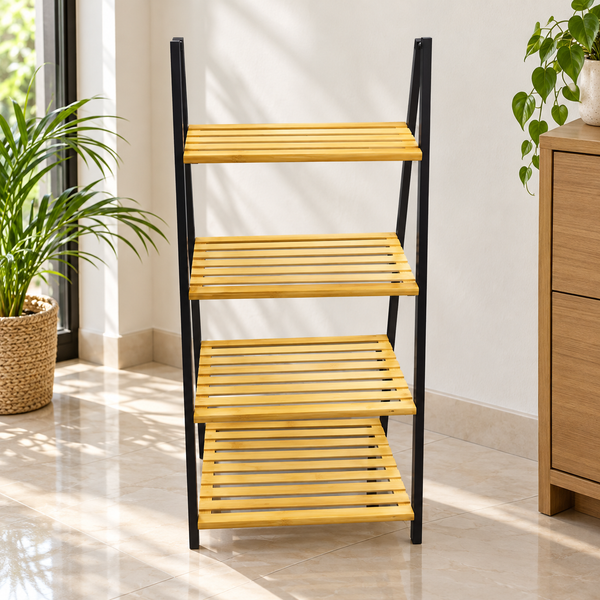 4-Tier Bamboo & Metal Storage Rack – Freestanding Organizer Shelf