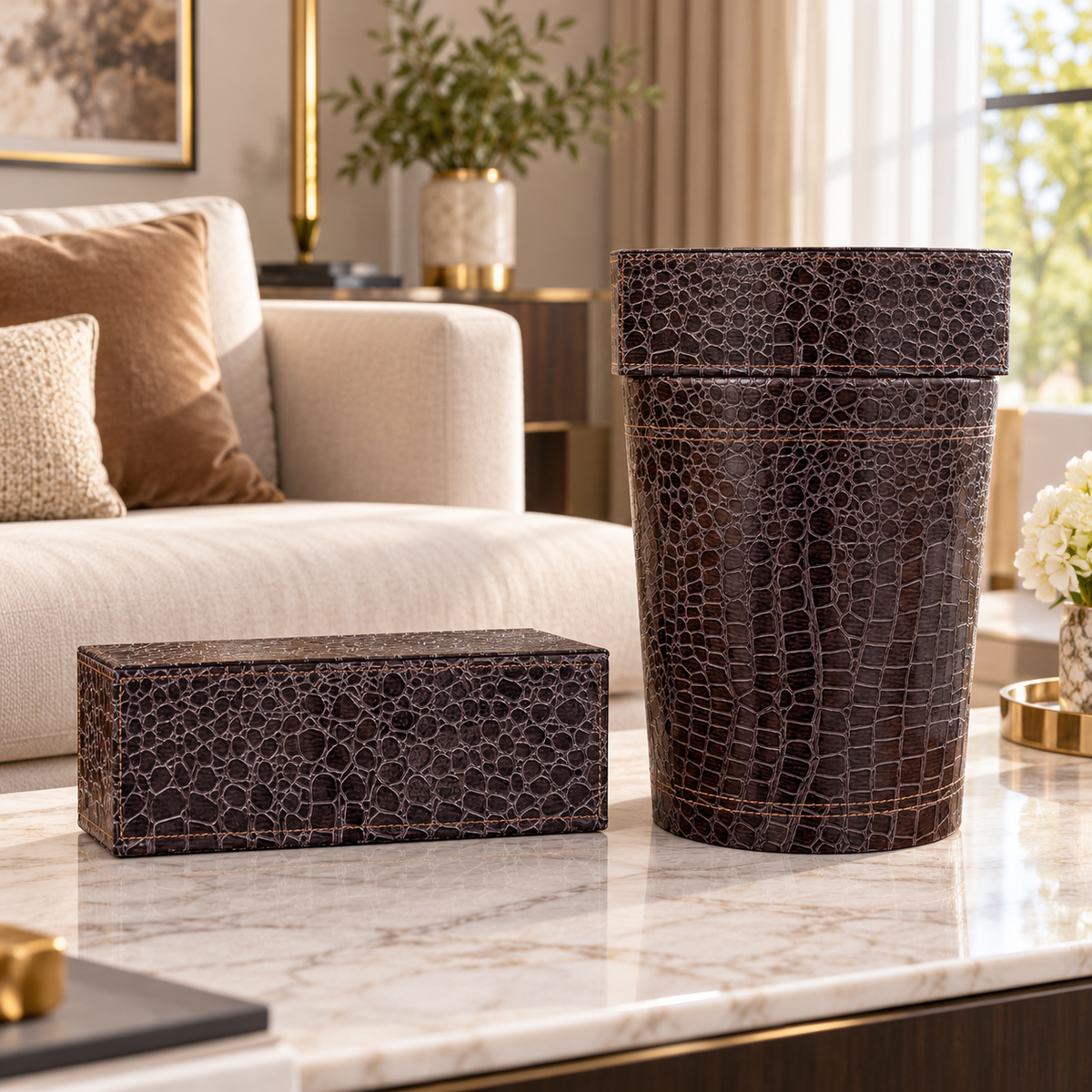 Dark Brown Crocodile Texture matching tissue box and dustbin lifestyle image