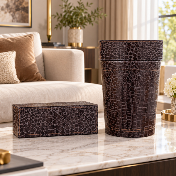 Dark Brown Crocodile Texture matching tissue box and dustbin lifestyle image