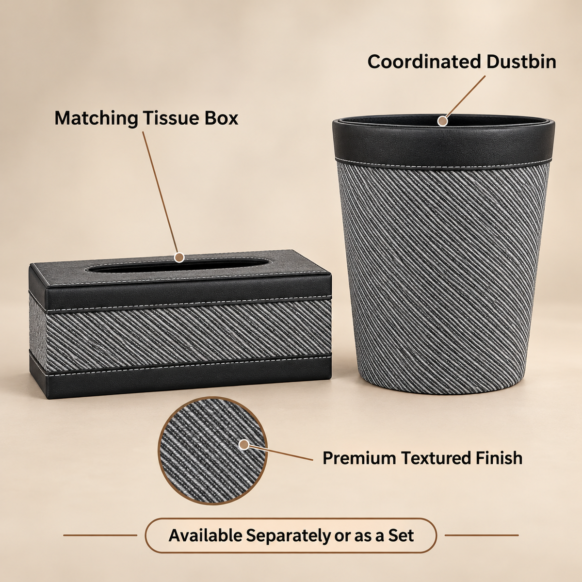 Charcoal Diagonal Weave tissue box and dustbin product features