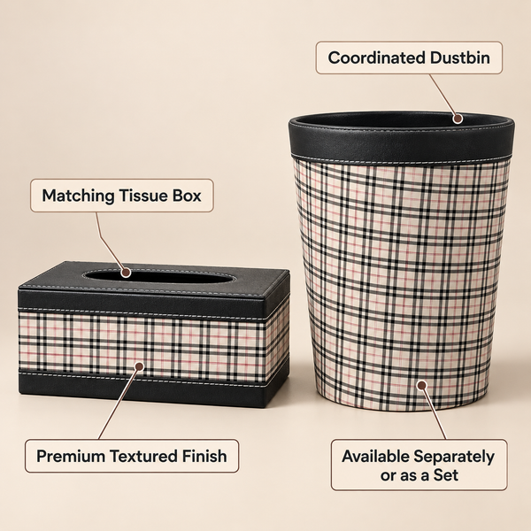 Classic Beige Check tissue box and dustbin product features