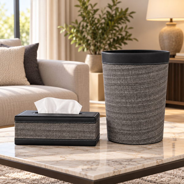 Grey Linen Weave matching tissue box and dustbin lifestyle image